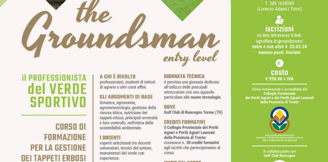 Agrofilea - Corso: the Groundsman - entry level - CORSO DI FORMAZIONE PER LA GESTIONE DEI TAPPETI ERBOSI AD USO SPORTIVO 1° LIV.